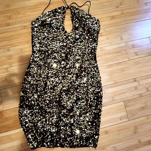 XS bodycon Keyhole dress gold sequins like new